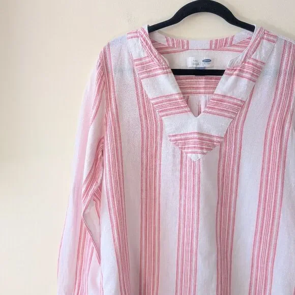Old Navy Popover Tunic Linen Blend Red White Stripe Size Medium Nautical Coastal - Picture 3 of 6